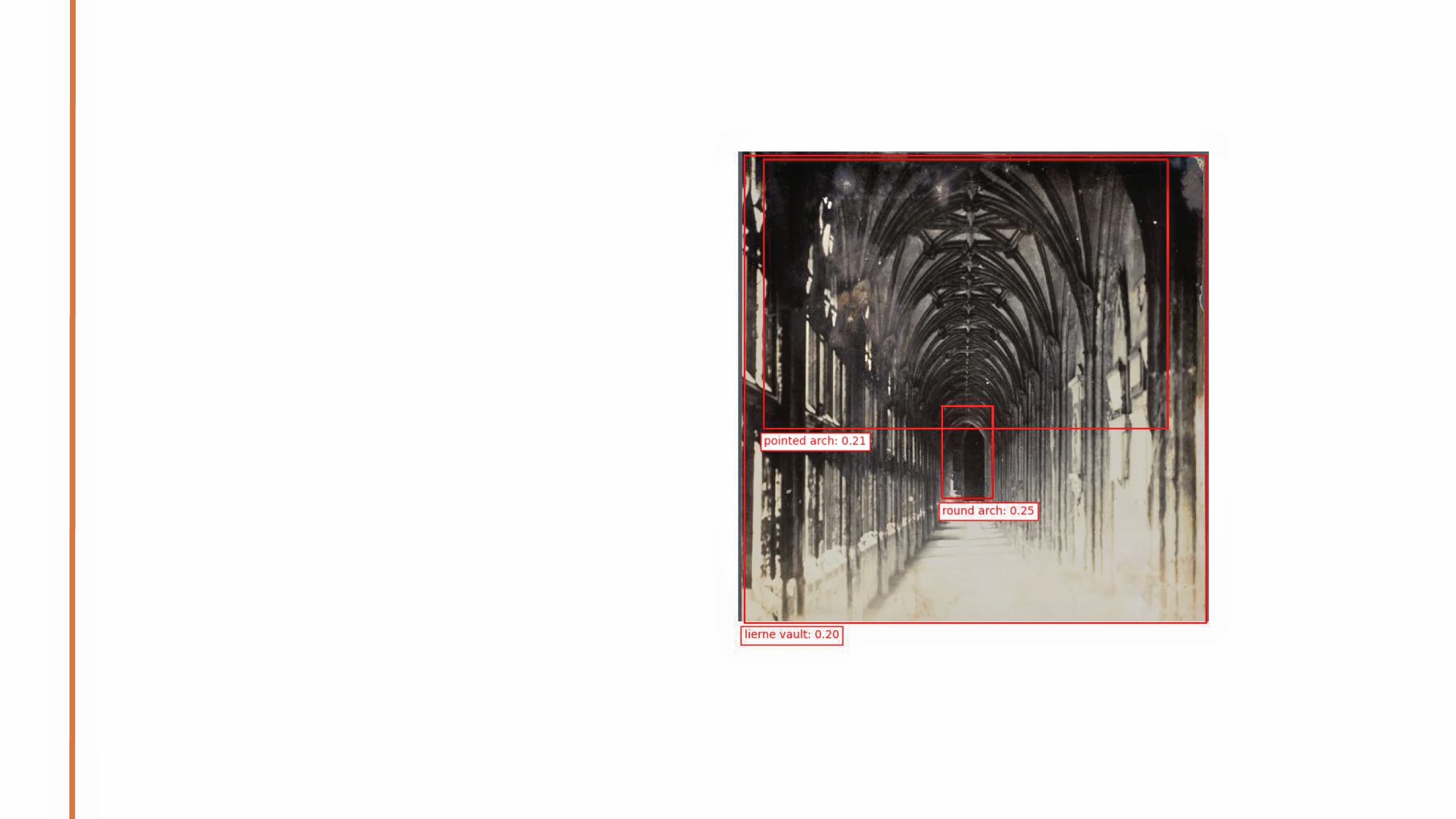 A photograph of a cathedral with red bounding boxes highlighting vaults and arches styles at a lower confidence threshold.