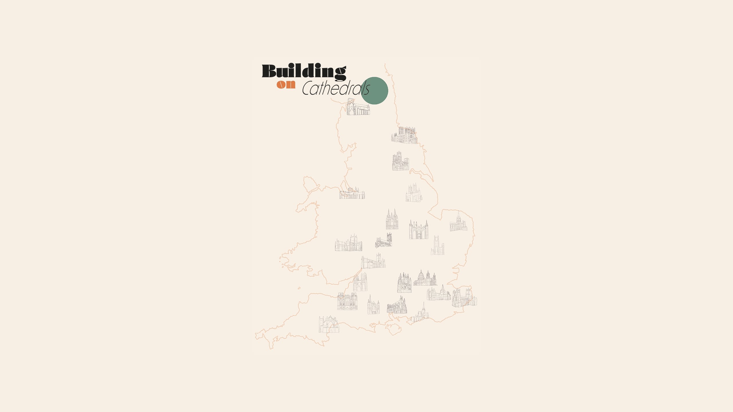 A map of England showing the placement of the 22 cathedral featured in 'Building on Cathedrals' AI project.