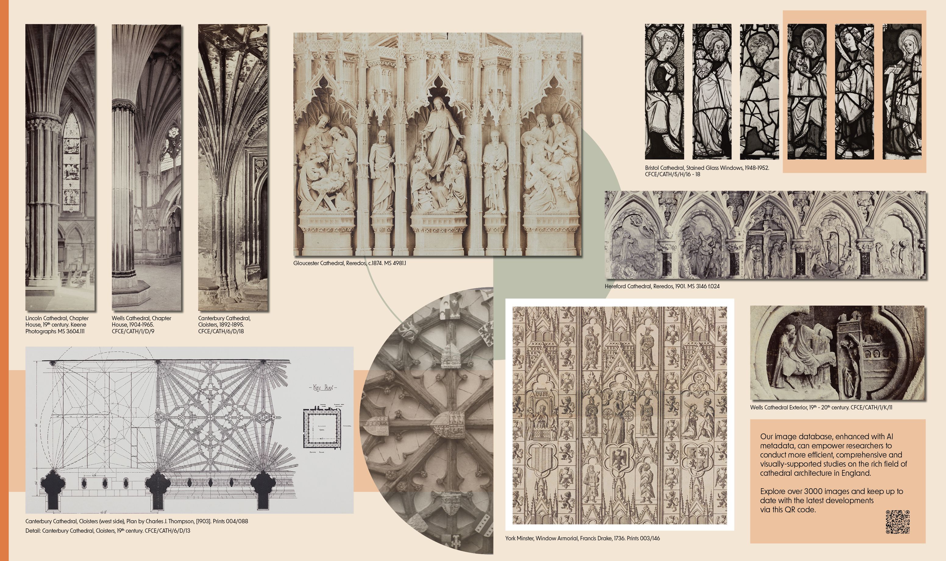 Building on Cathedrals exhibition case display at Lambeth Palace Library. Design by Camille Koutoulakis