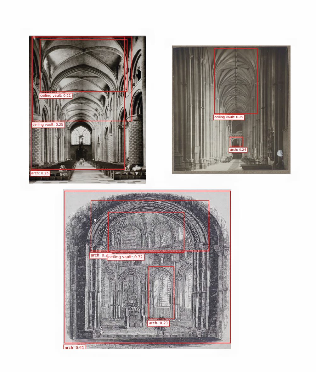 Three photographic examples of cathedrals with red bounding boxes highlighting architectural vaults and arches with a lower confidence threshold.  