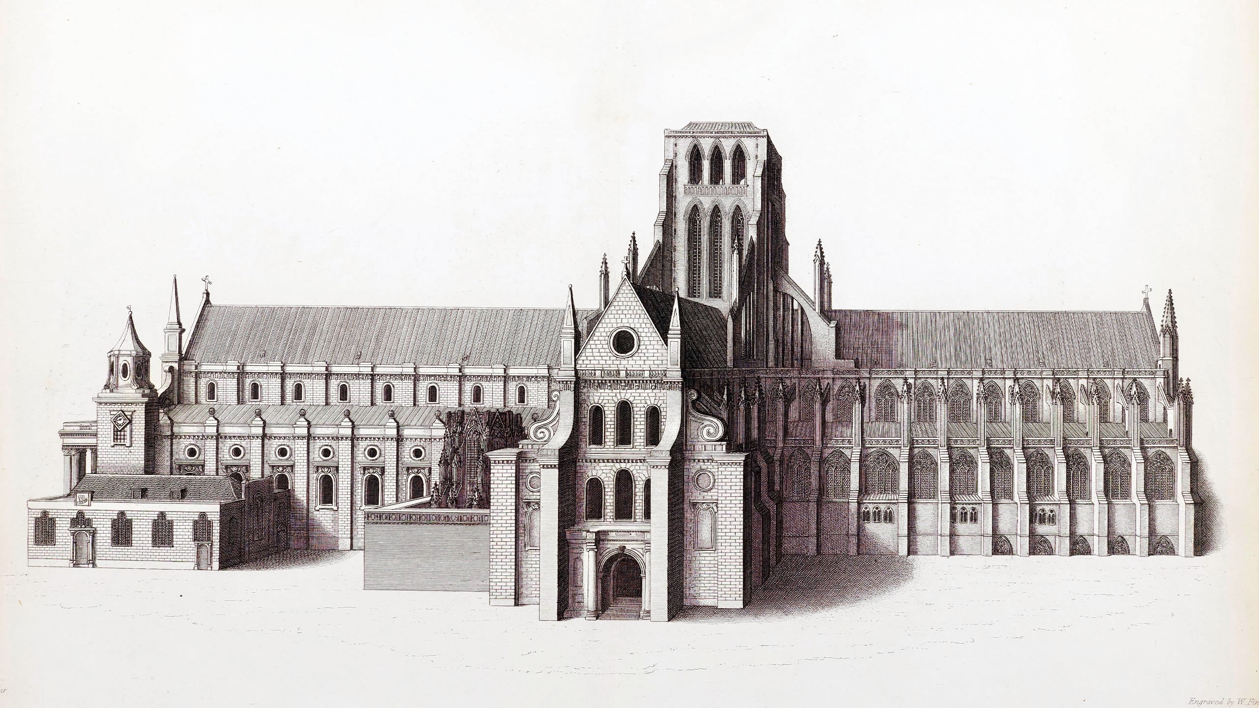 A detailed architectural drawing of Old Saint Paul's, featuring pointed arches, a central nave, and a bell tower. Hollar, engr. W. Finden