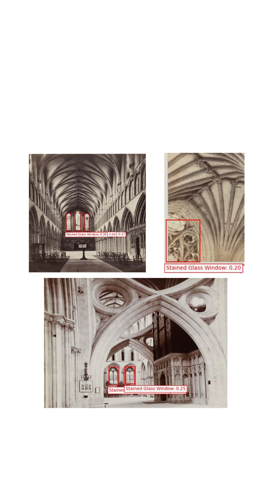 Three photographic examples of cathedrals with red bounding boxes highlighting stained glass windows with a lower confidence threshold.